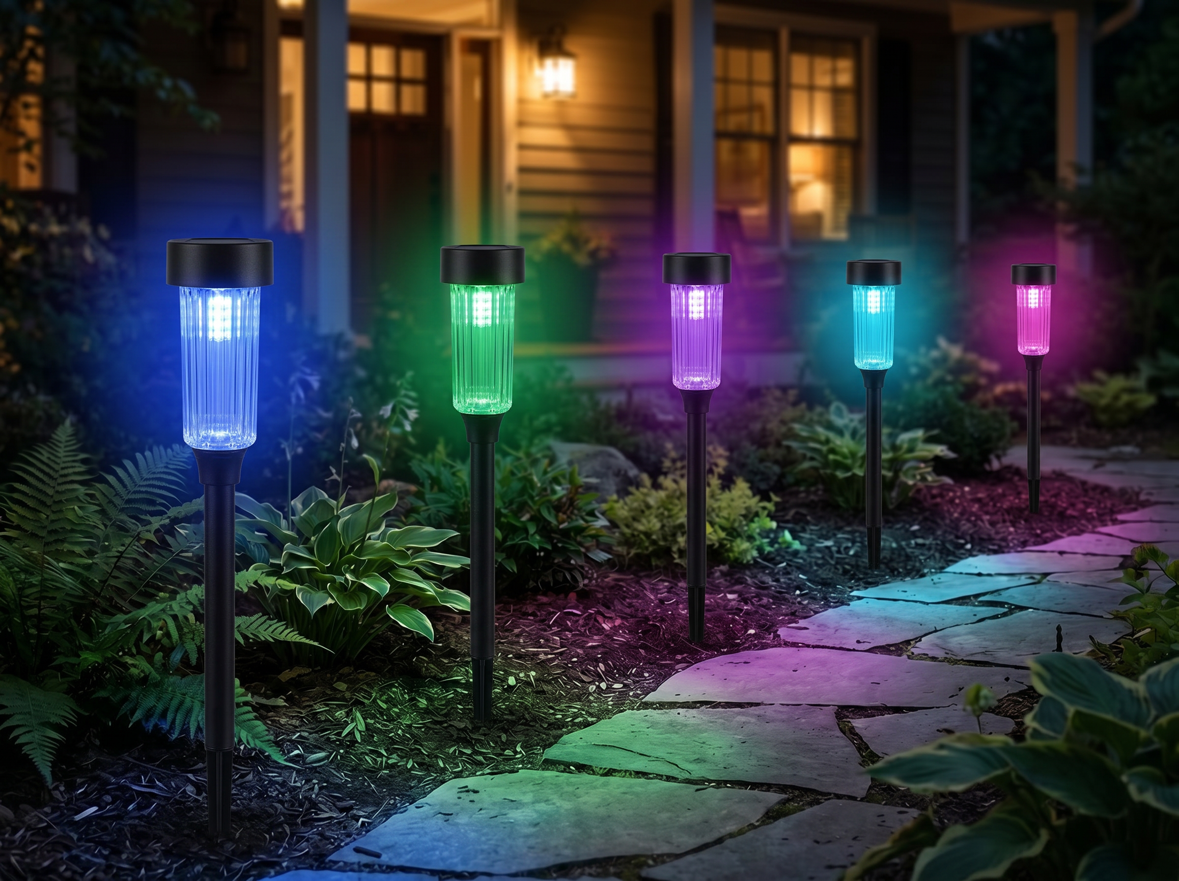 Solarne RGB lampe u dvorištu noću