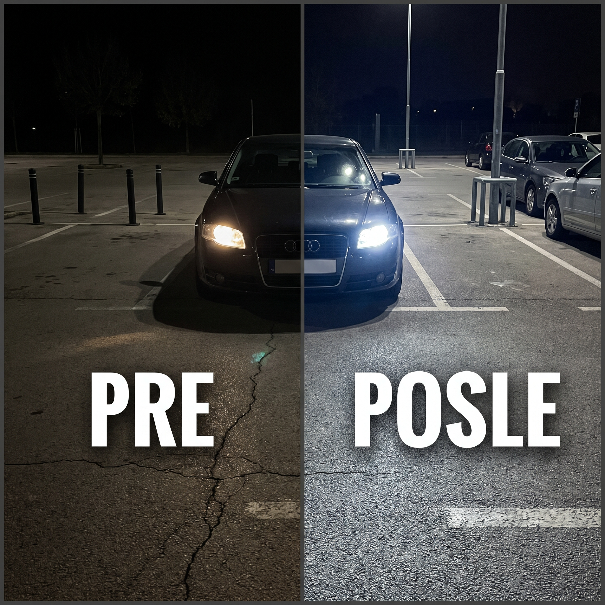 Pre i posle - nocni parking, poredjenje osvetljenja
